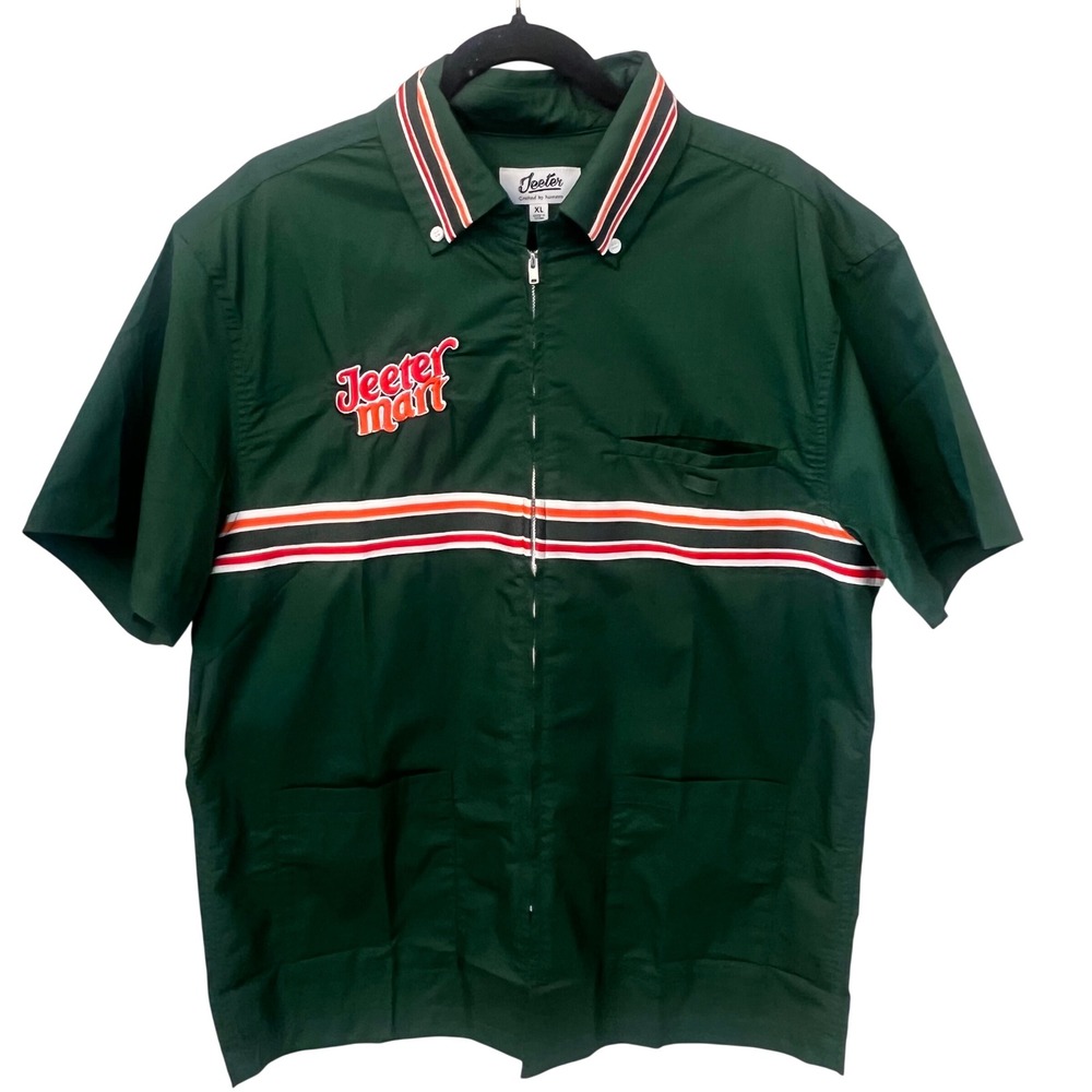 Jeeter Mart NWOT Green Short Sleeve Work Shirt Embroidered Racing Stripe. Men XL